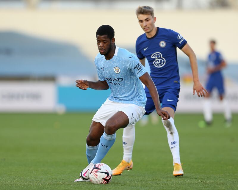 Luke Mbete on the ball during a Premier League 2 match against Chelsea.