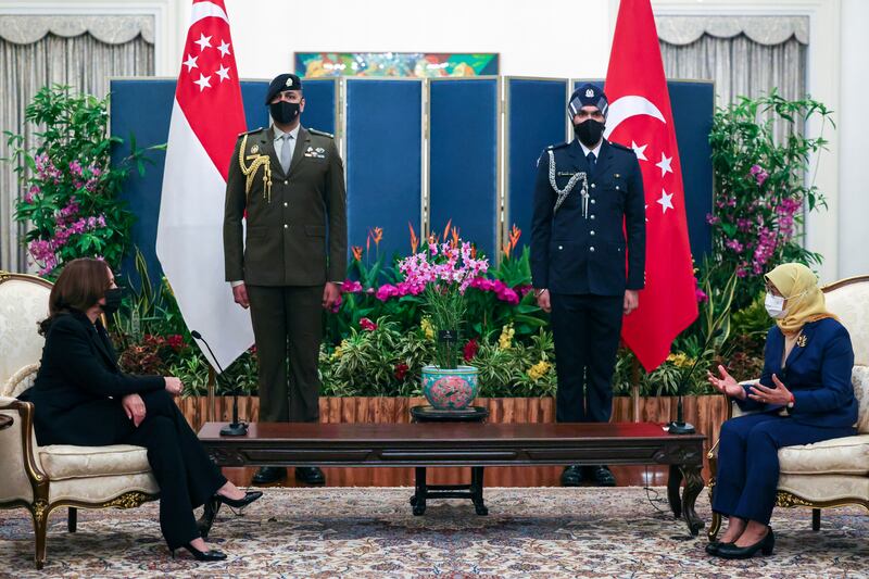 Kamala Harris meets Singapore's President Halimah Yacob at the Istana in Singapore. AP