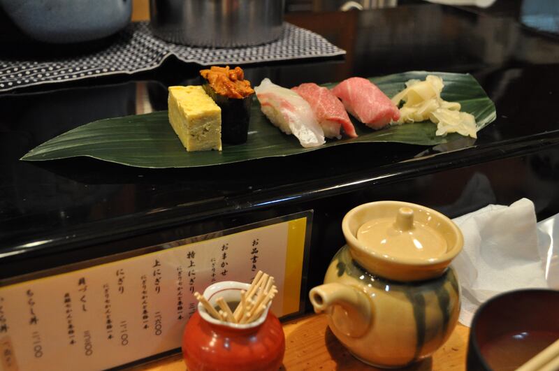 A sushi breakfast at Iwasa Sushi, one of a handful of restaurants next to Tsukiji marketÕs main buildings (Photo by Rosemary Behan)