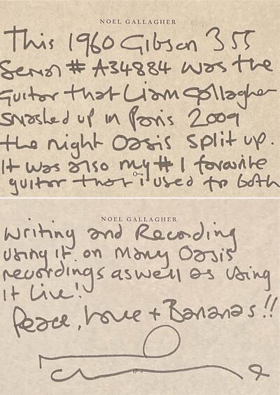 A note written by Noel Gallagher about the guitar. Photo: Philippe Dubreuille