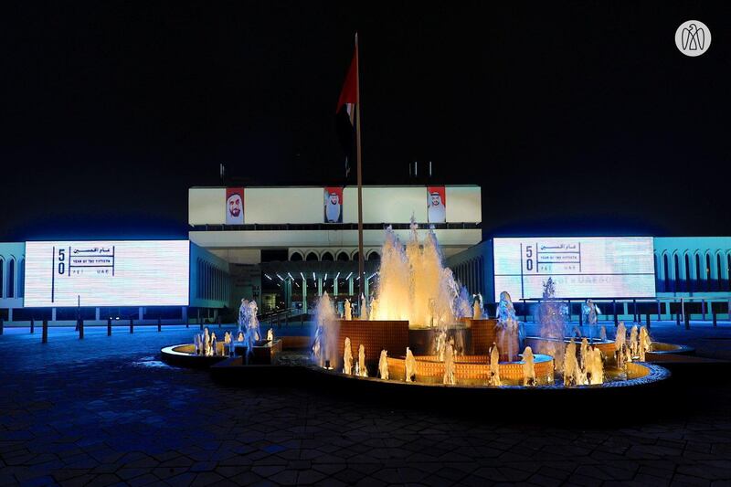 Abu Dhabi buildings light up in celebration of the Year of the 50th, marking the Golden Jubilee of the UAE’s founding. Abu Dhabi Media Office