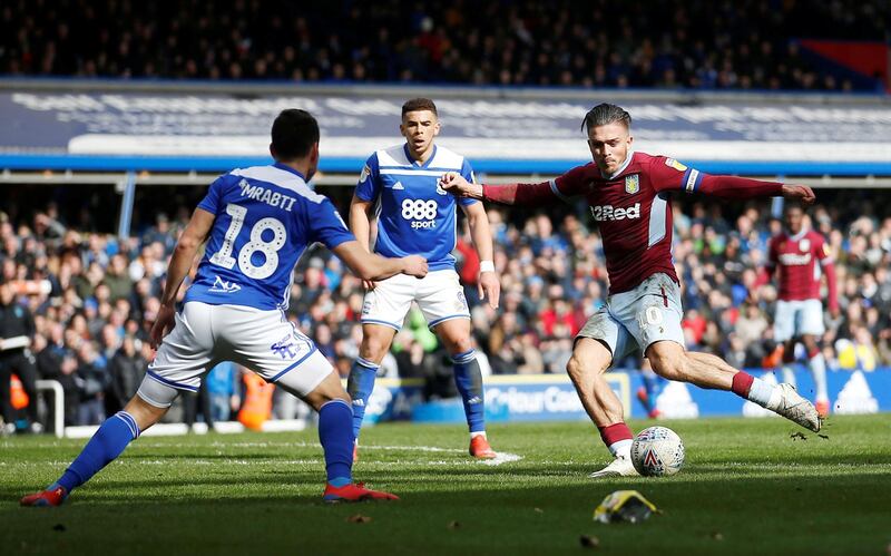 Aston Villa's Jack Grealish scores in the 70th minute. Reuters