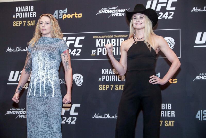 Abu Dhabi, United Arab Emirates, September 5, 2019.   STORY BRIEF: UFC Ultimate Media Day at the Yas Hotel.  --  
(L-R)  Joanne Calderwood– No.5 ranked UFC flyweight and  Andrea Lee – No.6 ranked UFC flyweight.
Victor Besa / The National
Section:  SP
Reporter:  Dan Sanderson