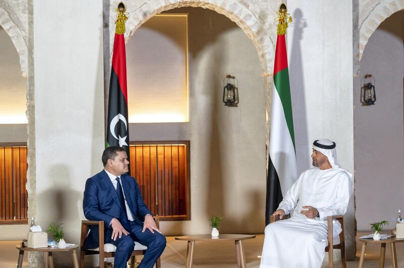 ABU DHABI, UNITED ARAB EMIRATES - April 07, 2021: HH Sheikh Mohamed bin Zayed Al Nahyan, Crown Prince of Abu Dhabi and Deputy Supreme Commander of the UAE Armed Forces (R) meets with HE Abdul Hamid Dbeibeh, Prime Minister of Libya (L), at at Qasr Al Hosn.

( Mohamed Al Hammadi / Ministry of Presidential Affairs )
---