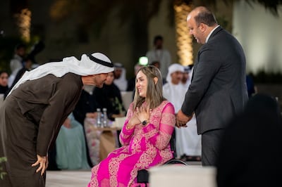 President Sheikh Mohamed speaks with Imen Sfaxi during the Abu Dhabi Awards ceremony. UAE Presidential Court