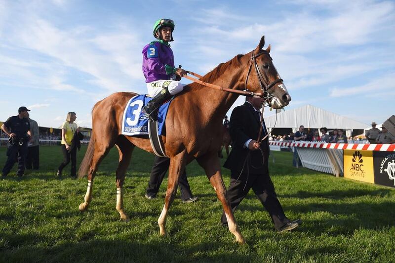 Victor Espinoza rides atop California Chrome #3 during the post parade for the 139th running of the Preakness Stakes at Pimlico Race Course on May 17, 2014 in Baltimore, Maryland. Patrick Smith/Getty Images/AFP