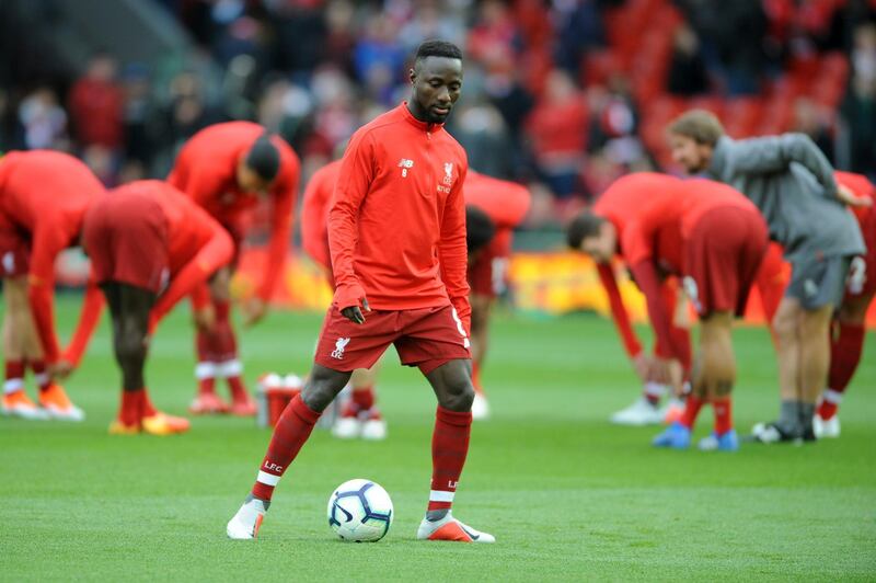 Liverpool's Naby Keita warms up prior to the English Premier League soccer match between Liverpool and Manchester City at Anfield stadium in Liverpool, England, Sunday, Oct. 7, 2018. (AP Photo/Rui Vieira)