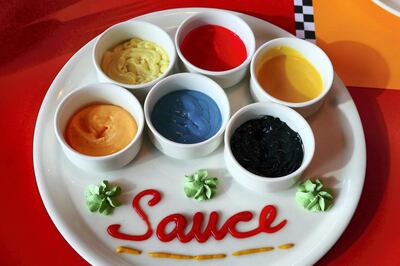 Different type of sauce at the Sauce Diner restaurant at the Noora Tower in Al Habtoor City in Dubai on June 9,2021. Pawan Singh / The National. Story by Janice Rodrigues