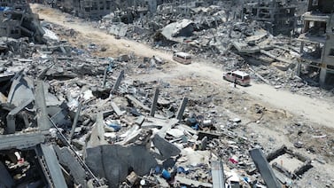 The largely destroyed city of Khan Younis in the Gaza Strip after the Israeli army withdrawal. The World Bank previously reported that economic activity in Gaza is at a near standstill due to the war. EPA