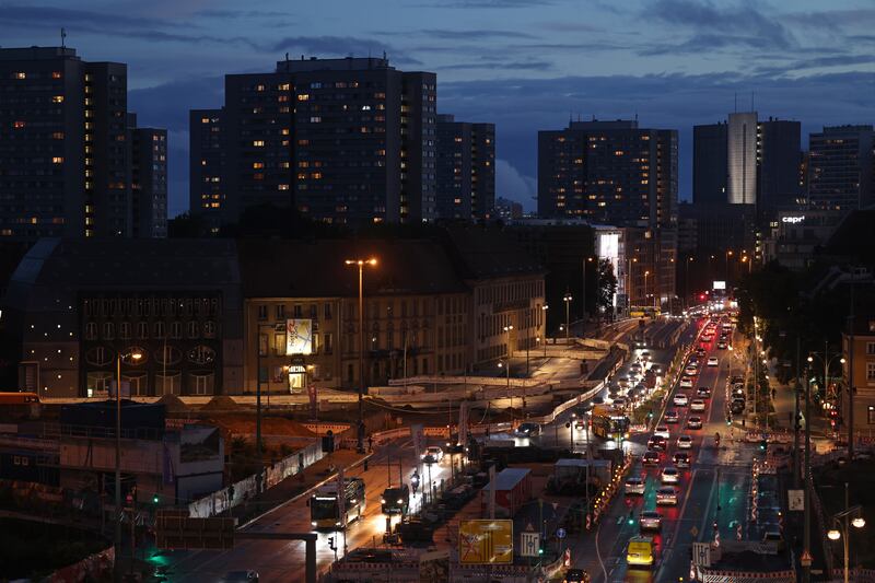 Apartment buildings are lit at twilight in Berlin, where ministers are making plans to ration energy. Getty
