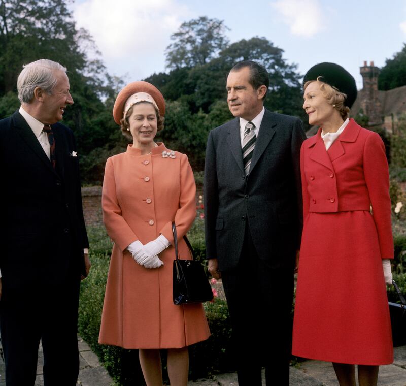 Queen Elizabeth with UK prime minister at the time Edward Heath and then-US president Richard Nixon and his wife Pat Nixon at Chequers in Buckinghamshire. PA