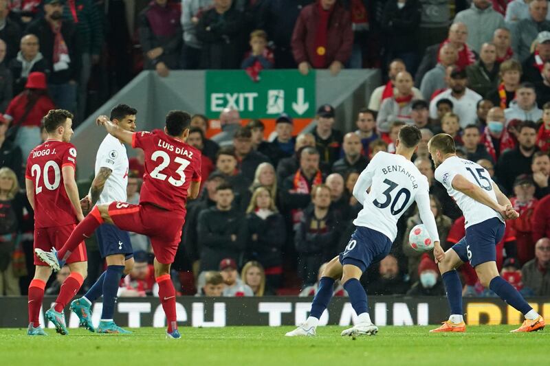 Luis Diaz scores Liverpool's opening goal against Tottenham. AP