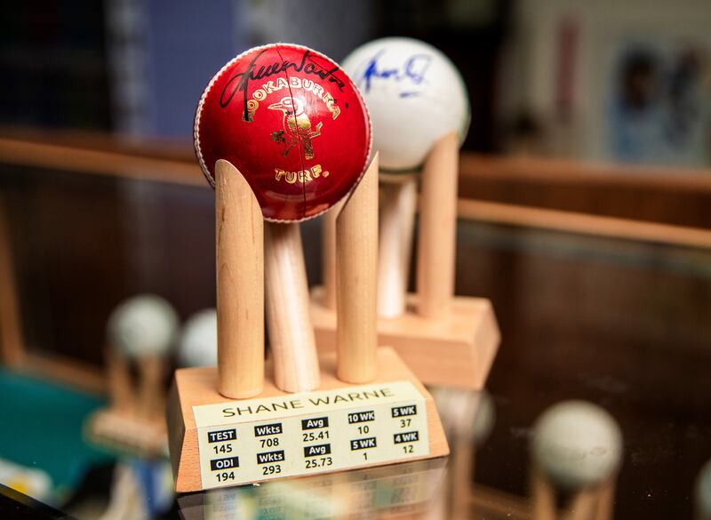 Signed Shane Warne memorabilia on display at the Cricket Museum of Shayam Bhatia. 
