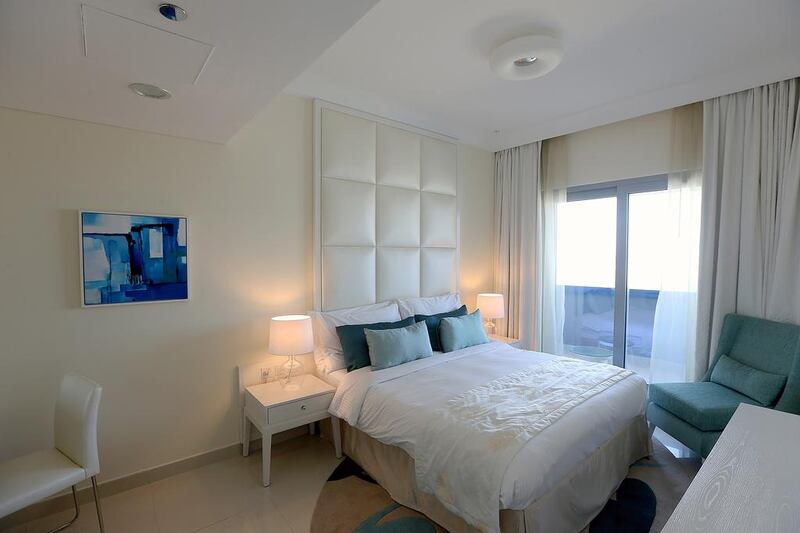One of the bedrooms in the three-bedroom apartment the Damac Maison tower in Dubai.. Satish Kumar / The National