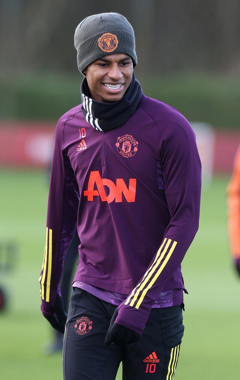 MANCHESTER, ENGLAND - NOVEMBER 23: Marcus Rashford of Manchester United in action during a first team training session ahead of the UEFA Champions League Group H stage match between Manchester United and Ä°stanbul Basaksehir at Aon Training Complex on November 23, 2020 in Manchester, England. (Photo by Matthew Peters/Manchester United via Getty Images)