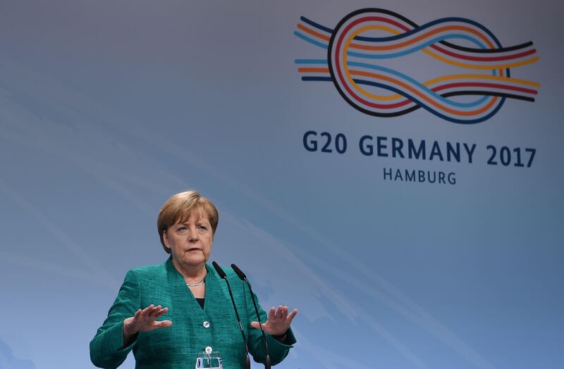 German chancellor Angela Merkel speaks during the final press conference on the second day of the G20 Summit in Hamburg, Germany, on July 8, 2017. Patrik Stollarz / AFP