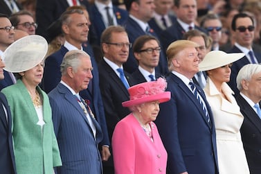 epa07627286 (L-R) Britain's Prime Minister, Theresa May, Britain's Prince Charles the Prince of Wales, Britain's Queen Elizabeth II, US President Donald J. Trump, First Lady Melania Trump and Greece President Prokopis Pavlopoulos attending the commemorations for the 75th Anniversary of the D-Day landings in Southsea Common, Portsmouth, Hampshire, Britain, 05 June 2019. Britain's Queen Elizabeth II will join US President Donald J. Trump and other World leaders from nations that fought alongside Britain to mark the 75th anniversary of the World's largest seaborne military invasion which was assembed in ports in southern England on 05 June 1944 and set off for the coast of Normany, France on 06 June 1944. World leaders are to attend memorial events in Normandy, France on 06 June 2019 to mark the 75th anniversary of the D-Day landings, which marked the beginning of the end of World War II in Europe. EPA/ANDY RAIN