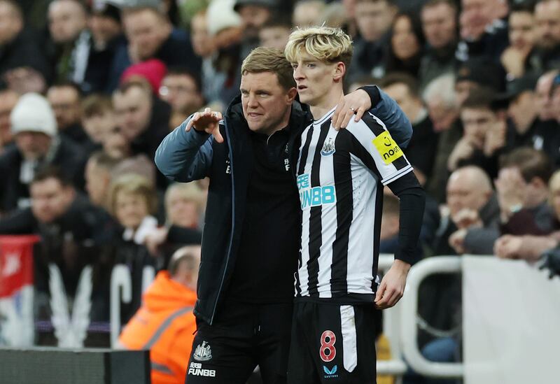 Newcastle manager Eddie Howe with new signing Anthony Gordon. Getty