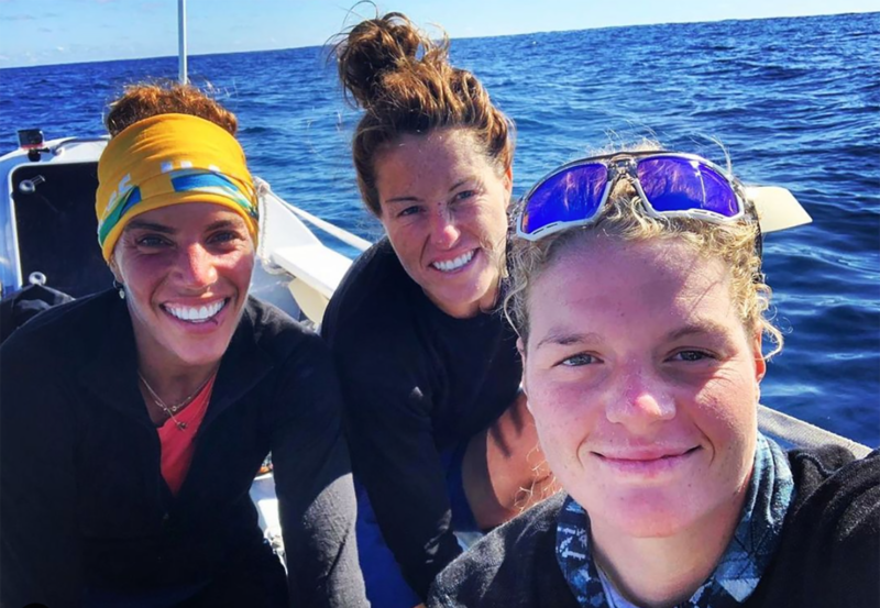 From left, crew members Jane Leonard,  Vicki Anstey and Orlagh Dempsey on board their boat in the Pacific Ocean.
