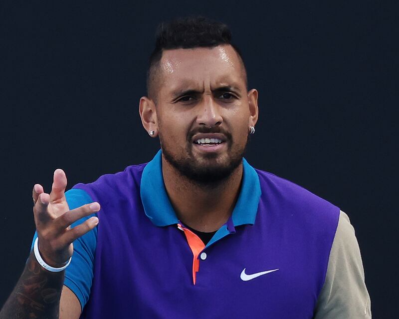 Nick Kyrgios argues with the match referee during his match against Harry Bourchier at the Murray River Open at Melbourne Park on February 3. Getty