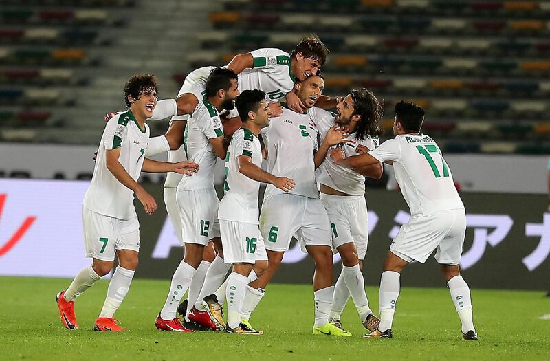 ABU DHABI , UNITED ARAB EMIRATES , January 8 – 2019 :- Ali Adnan Al Tameemi ( no 6 in white ) of Iraq celebrating after scoring the goal during the AFC Asian Cup UAE 2019 football match between IRAQ vs. VIETNAM held at Zayed Sports City in Abu Dhabi. Iraq won the match by 3-2. ( Pawan Singh / The National ) For News/Sports