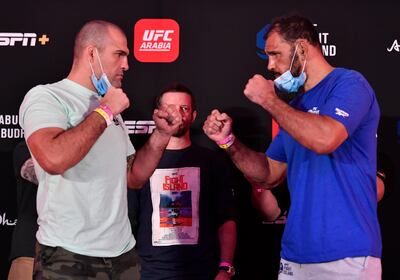 ABU DHABI, UNITED ARAB EMIRATES - JULY 24: In this handout image provided by UFC,  (L-R) Opponents Mauricio 'Shogun' Rua of Brazil and Antonio Rogerio Nogueira of Brazil face off during the UFC Fight Night weigh-in inside Flash Forum on UFC Fight Island on July 24, 2020 in Yas Island, Abu Dhabi, United Arab Emirates. (Photo by Jeff Bottari/Zuffa LLC via Getty Images)