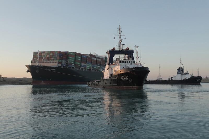 The 'Ever Given' container ship pictured after it was partially refloated after being stuck in the Suez Canal, in Egypt, for nearly a week, on March 29, 2021. EPA