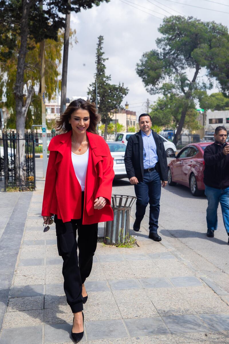 AMMAN, JORDAN- APRIL 17:  In this handout provided by the Royal Hashemite Court, Jordan's Queen Rania tours the Jabal Al-Luweibdeh (or Al-Wweibdeh) neighbourhood on April 17, 2019, in Amman, Jordan. Jabal Al-Luweibdeh is one of of the oldest districts of Amman, known for its traditional houses, tiny streets and trendy new restaurants and cafes.  (Photo by Royal Hashemite Court via Getty Images)