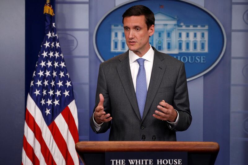 FILE PHOTO: White House Homeland Security Advisor Tom Bossert speaks to reporters about the global WannaCry "ransomware" cyber attack, prior to the daily briefing at the White House in Washington, U.S. May 15, 2017. REUTERS/Jonathan Ernst/File Photo