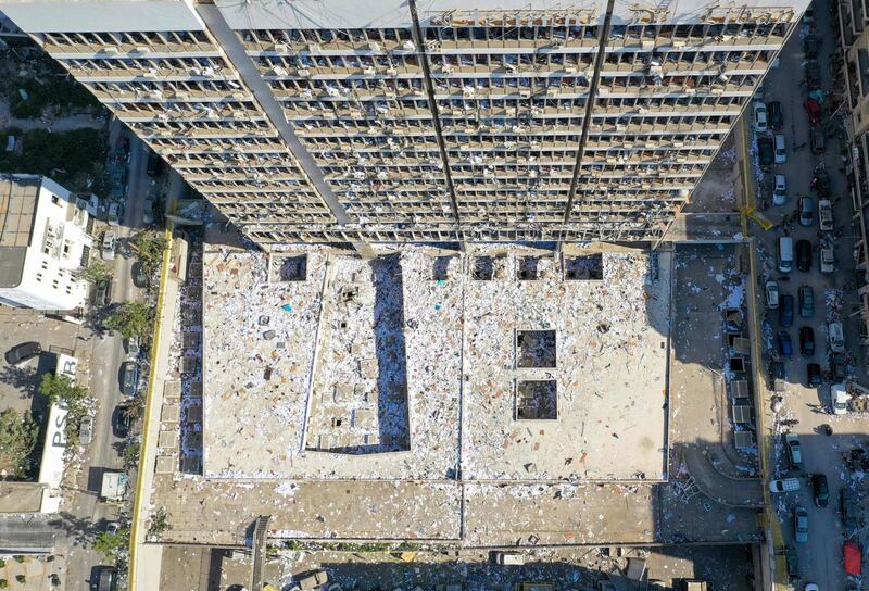 An aerial view shows the massive damage done to the Electricity of Lebanon building.  AFP