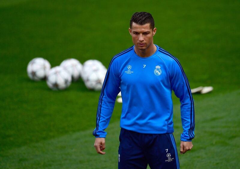 Cristiano Ronaldo and his Real Madrid teammates undertook training ahead of their Uefa Champions League quarter-final second leg against Wolfsburg. Pierre-Philippe Marcou / AFP

