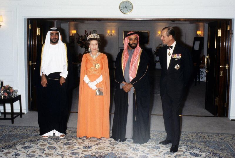 ABU DHABI, UNITED ARAB EMIRATES - FEBRUARY 25:  Queen Elizabeth ll and Prince Philip, Duke of Edinburgh entertain Sheikh Zayed of Abu Dhabi on board the Royal Yacht Britannia during a State Visit to the Gulf States on February 25, 1979 in the United Arab Emirates. (Photo by Anwar Hussein/Getty Images) *** Local Caption *** Queen Elizabeth II;Sheikh Zayed of Abu Dhabi;Prince Philip, Duke of Edinburgh