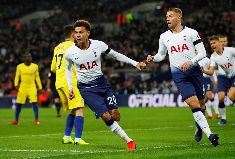 Dele Alli turns to celebrate his opening goal for Tottenham against Chelsea. Reuters
