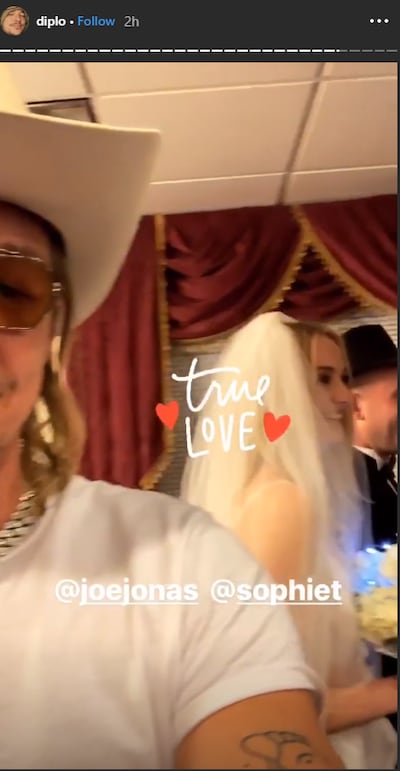 Sophie Turner and Joe Jonas's 2019 Las Vegas wedding was live streamed by American DJ, Diplo. Photo: Instagram / Diplo 