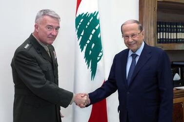 Centcom chief General Kenneth McKenzie meets President Michel Aoun in Beirut on July 8, 2020 during a visit to Lebanon, where the Iran-backed Hizbollah group holds considerable sway. Dalati and Nohra / AFP