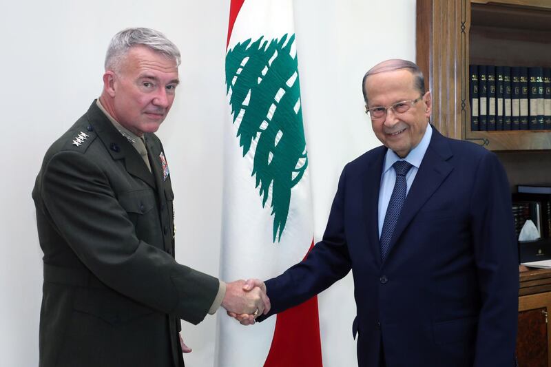 A handout picture provided by the Lebanese photo agency Dalati and Nohra on July 8, 2020, shows President Michel Aoun (R) meeting with the US Central Command (CENTCOM) chief General Kenneth F. McKenzie at the presidential palace in Baabda, east of the capital Beirut.  - === RESTRICTED TO EDITORIAL USE - MANDATORY CREDIT "AFP PHOTO / HO / DALATI AND NOHRA" - NO MARKETING - NO ADVERTISING CAMPAIGNS - DISTRIBUTED AS A SERVICE TO CLIENTS ===
 / AFP / DALATI AND NOHRA / - / === RESTRICTED TO EDITORIAL USE - MANDATORY CREDIT "AFP PHOTO / HO / DALATI AND NOHRA" - NO MARKETING - NO ADVERTISING CAMPAIGNS - DISTRIBUTED AS A SERVICE TO CLIENTS ===
