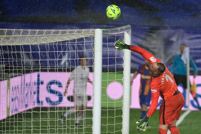 Barcelona goalkeeper Marc-Andre ter Stegen makes a save. AFP