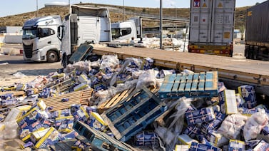 Destroyed aid supplies destined for Gaza on the Israeli side of the crossing with the occupied West Bank. AFP