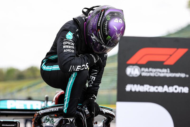 Mercedes' British driver Lewis Hamilton gets out of his car after the qualifying session for the Emilia Romagna Grand Prix in Imola on Saturday, April 17, 2021. AFP