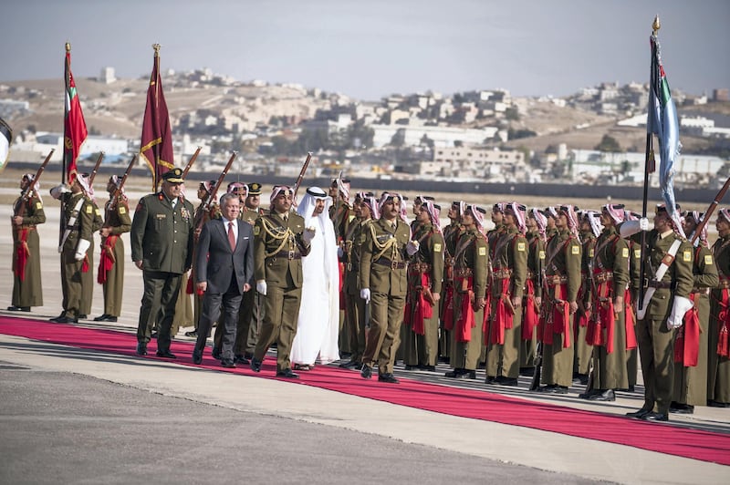 AMMAN, JORDAN - November 20, 2018: HH Sheikh Mohamed bin Zayed Al Nahyan, Crown Prince of Abu Dhabi and Deputy Supreme Commander of the UAE Armed Forces (4th L), received by HM King Abdullah II, King of Jordan  (2nd L), upon arrival at Amman Civil Airport, commencing an official visit.
( Hamad Al Kaabi / Ministry of Presidential Affairs )?
---
