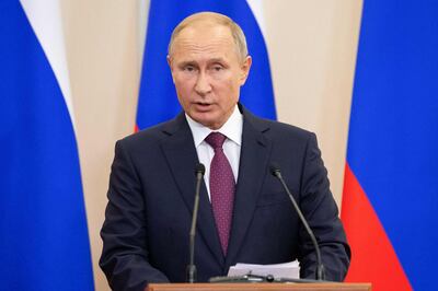 Russian President Vladimir Putin speaks during a joint press conference with Turkish President following the talks at the Bocharov Ruchei residence in Sochi on September 17, 2018. The leaders of the two countries that are on opposite sides of the seven-year conflict in Syria, but key global allies, will discuss the situation in Idlib at Putin's residence in the Black Sea resort city of Sochi. / AFP / POOL / Alexander Zemlianichenko
