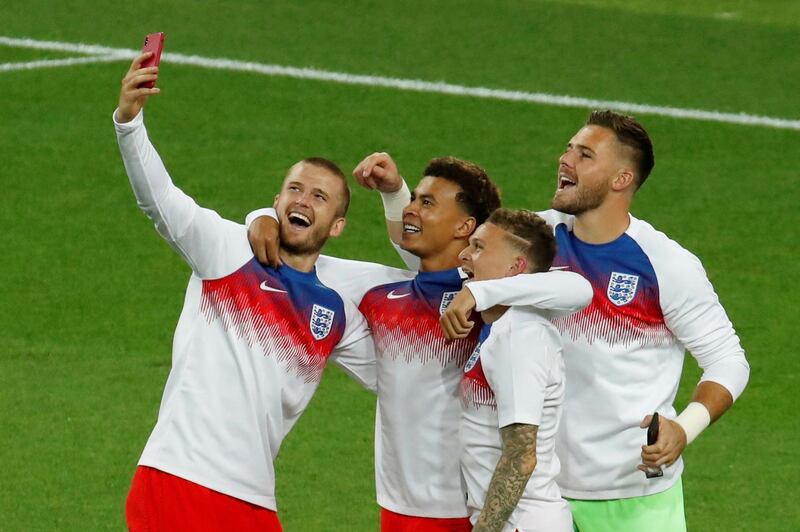 Soccer Football - World Cup - Round of 16 - Colombia vs England - Spartak Stadium, Moscow, Russia - July 3, 2018  England's Eric Dier, Dele Alli, Kieran Trippier and Jack Butland take a selfie after the match                                                       REUTERS/Christian Hartmann