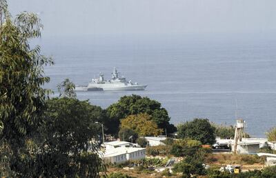 An Israeli navy corvette is pictured from the southern Lebanese border town of Naqura as it patrols the waters on October 28, 2020 during talks between Lebanese and Israeli delegations on the demarcation of the maritime frontier between the two countries. - Lebanon and Israel, still technically at war and with no diplomatic ties, launched a second round of maritime border talks Wednesday under UN and US auspices to allow for offshore energy exploration. (Photo by Mahmoud ZAYYAT / AFP)