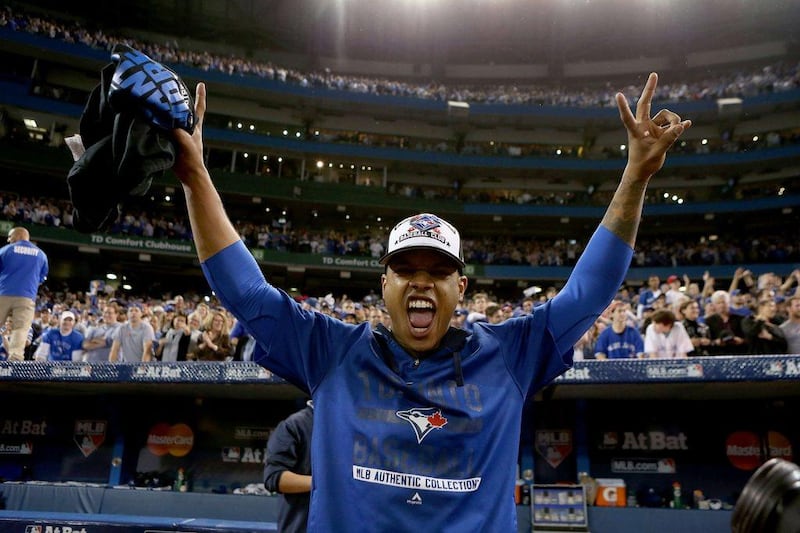 Marcus Stroman of the Toronto Blue Jays celebrates after the team’s win in the deciding fifth game of the ALDS on Wednesday night to advance past the Texas Rangers. Vaughn Ridley / Getty Images / AFP