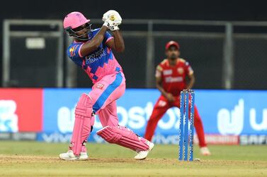 Sanju Samson (c)of Rajasthan Royals play a shot during match 4 of the Vivo Indian Premier League 2021 between Rajasthan Royals and the Punjab Kings held at the Wankhede Stadium Mumbai on the 12th April 2021. Photo by Arjun Singh/ Sportzpics for IPL