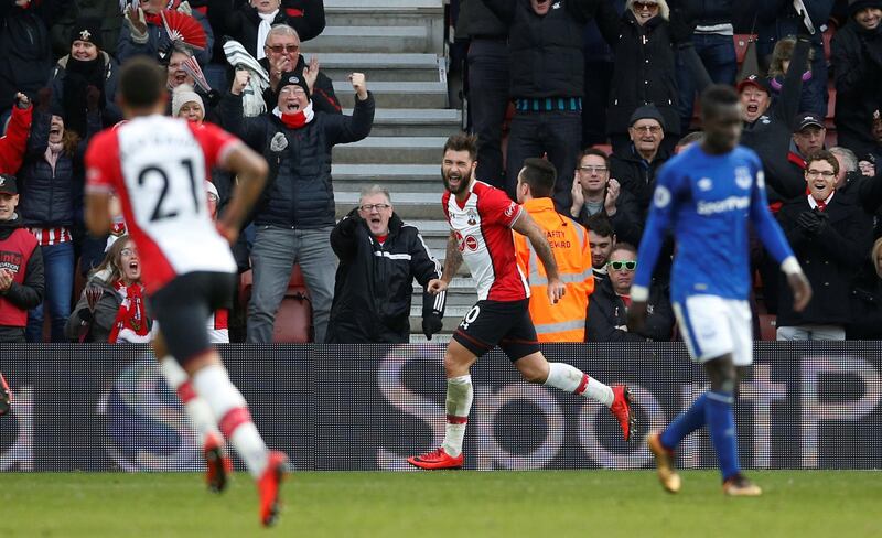Soccer Football - Premier League - Southampton vs Everton - St Mary's Stadium, Southampton, Britain - November 26, 2017   Southampton's Charlie Austin celebrates scoring their third goal    REUTERS/David Klein    EDITORIAL USE ONLY. No use with unauthorized audio, video, data, fixture lists, club/league logos or "live" services. Online in-match use limited to 75 images, no video emulation. No use in betting, games or single club/league/player publications. Please contact your account representative for further details.