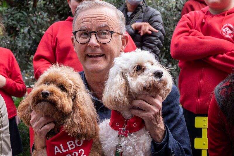 Leader of the Australian Labor Party, Anthony Albanese, meets supporters after winning the general election at Marrickville Library and Pavilion in Sydney on May 22, 2022.  AFP