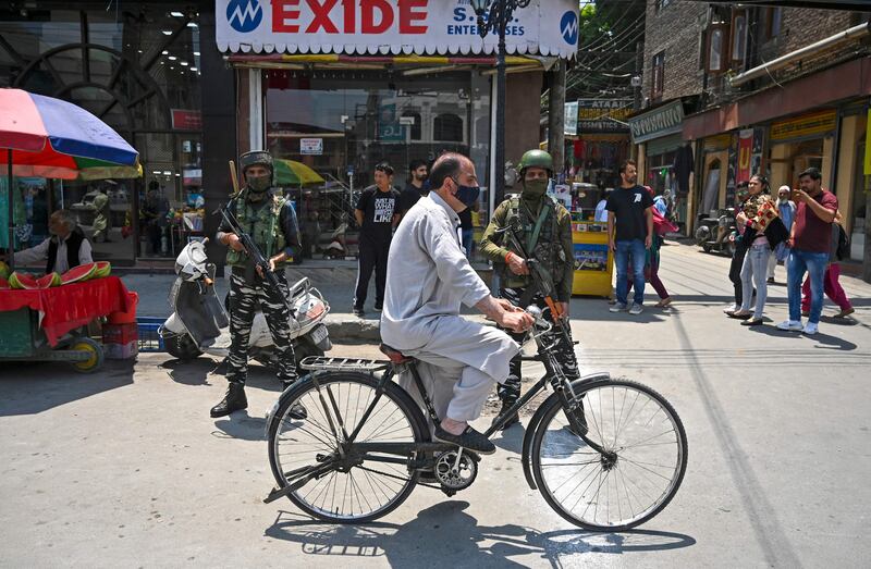 Indian security forces stand guard in Kashmir's summer capital Srinagar, following a spate of killings in the region. AFP