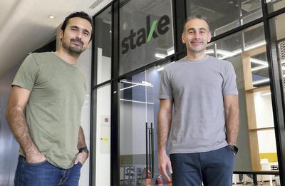 DUBAI, UNITED ARAB EMIRATES , March 4, 2021 –  Left to Right- Manar Mahmassani and Rami Tabbara, co-founder of Stake at the Gate Avenue in DIFC in Dubai. (Pawan Singh / The National) For Business. Story by David