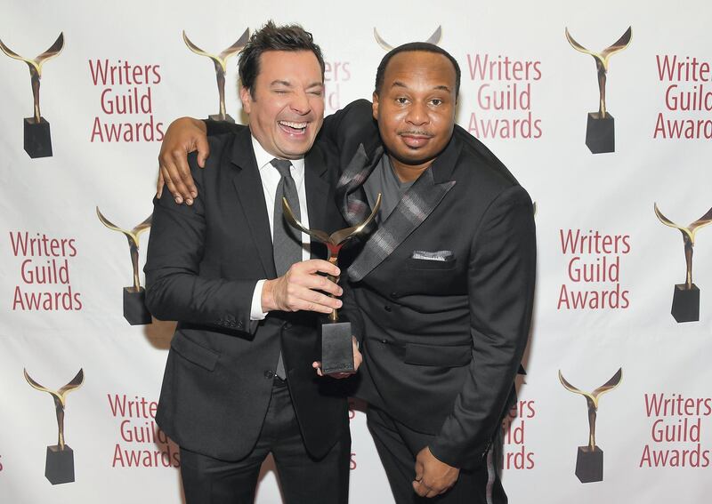 NEW YORK, NY - FEBRUARY 17:  Jimmy Fallon (L) and Roy Wood Jr. pose backstage at the 71st Annual Writers Guild Awards New York ceremony at Edison Ballroom on February 17, 2019 in New York City.  (Photo by Nicholas Hunt/Getty Images for  Writers Guild of America, East)